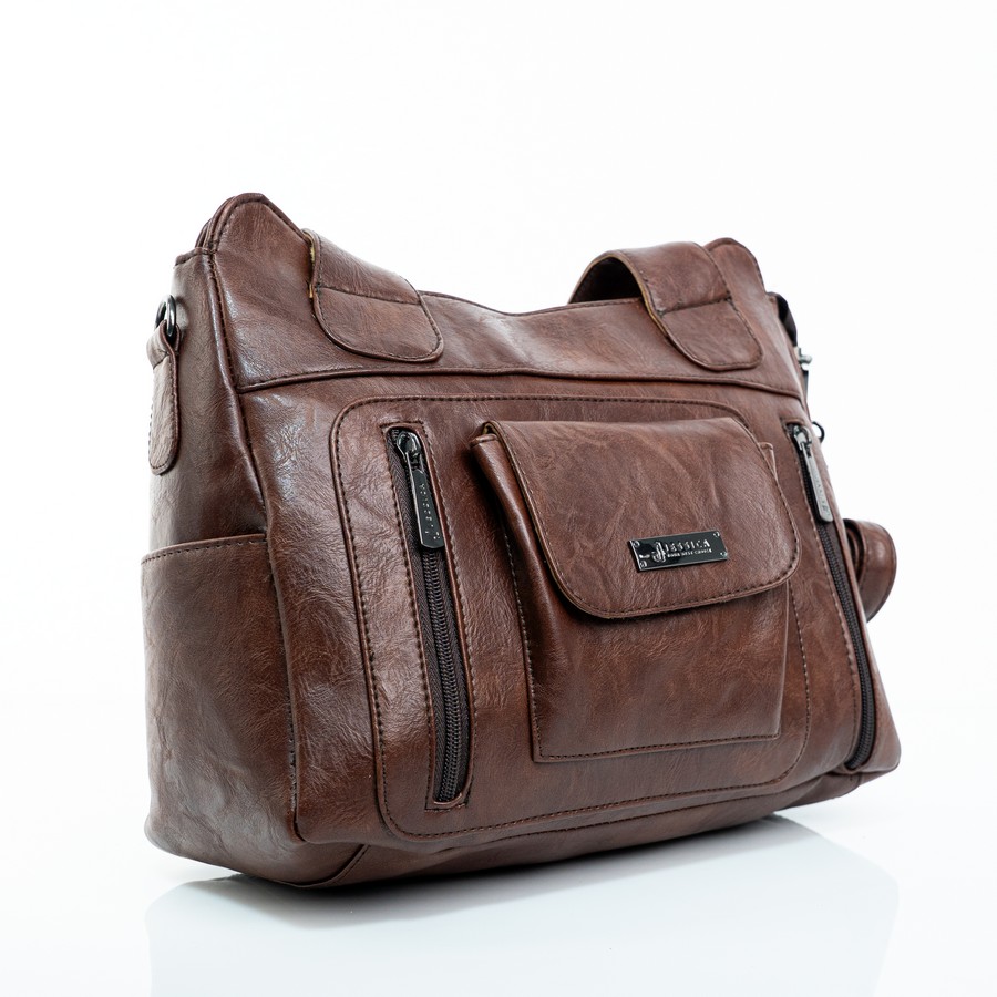 شنطة حريمي جلد إيطالي مستورد بني هاند وكروس بجيوب متعددة مقاس 25×30